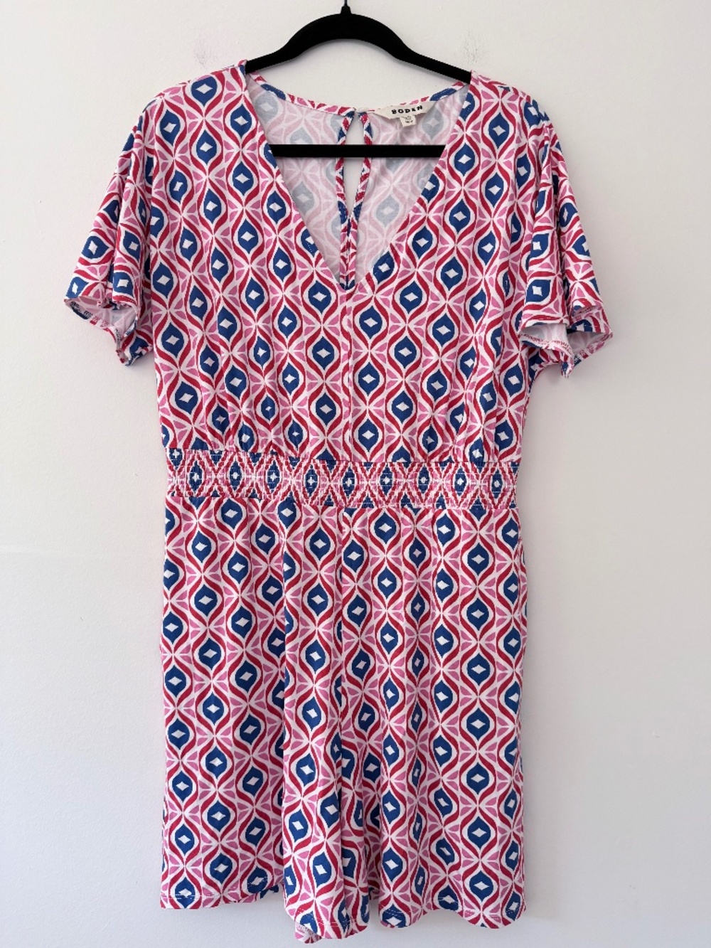 Boden Knit Geo Print Romper Playsuit V Neck Elastic Waist Bright Colorful Casual